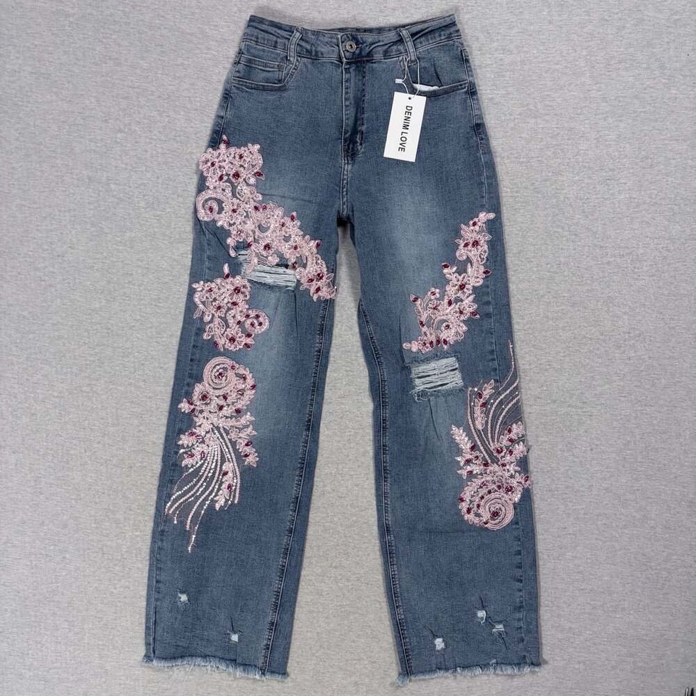 Denim Love Pink Floral Lace Applique Distressed Straight Jeans